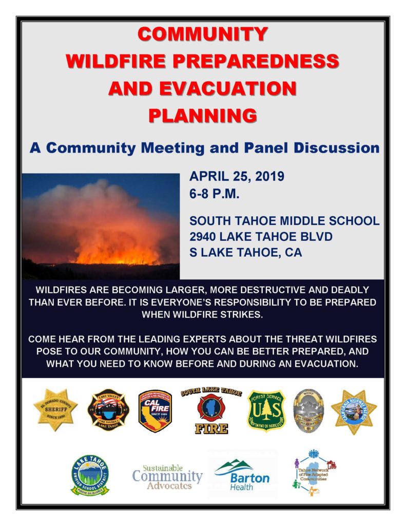 Community Wildfire Preparedness And Evacuation Planning. A Community meeting and Panel Discussion. Wildfires are becoming larger, more destructive and deadly than ever before. It is everyone's responsibility to be prepared when wildfire strikes. Come hear from the leading experts about the threat wildfires pose to our community, how you can be better prepared, and what you need to know before and during an evacuation. 